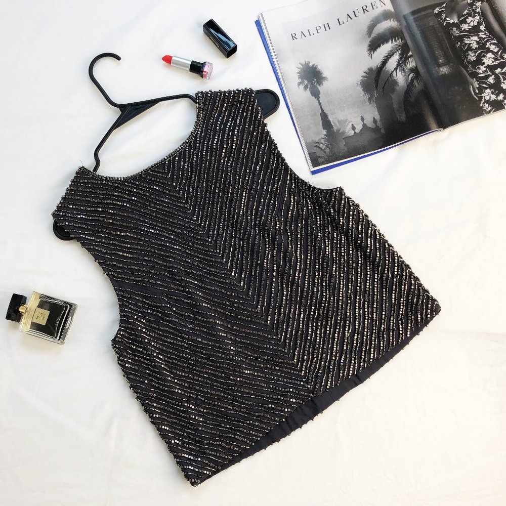 Gorgeous Fancy classy top, bead embroidery sleeveless blouse S, gray silk top - Picture 5 of 15